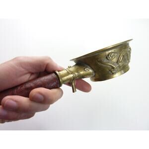 Vintage Chinese Iron Dragon Brass Coal Pot Design and Wooden Handle Antique